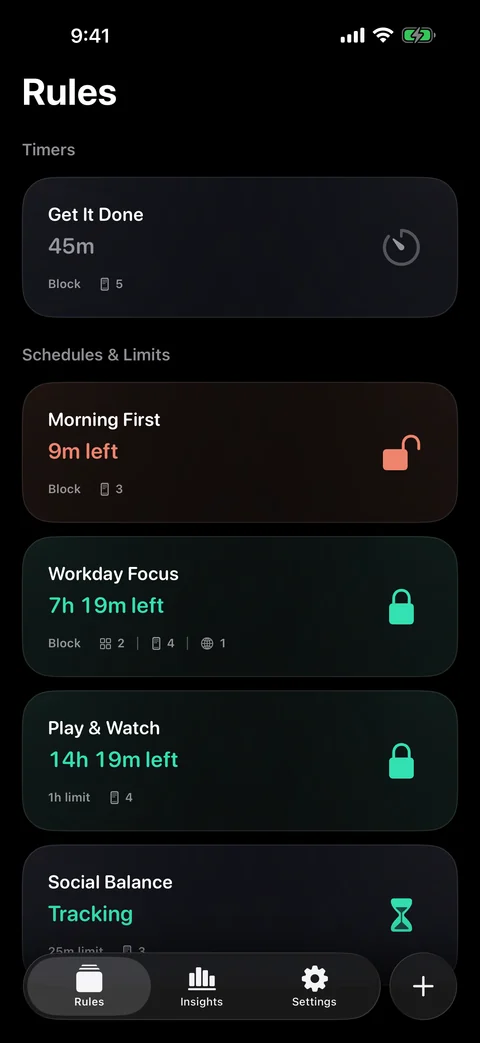 Block It! Rules screen showing timers, scheduled routines, and daily app limits